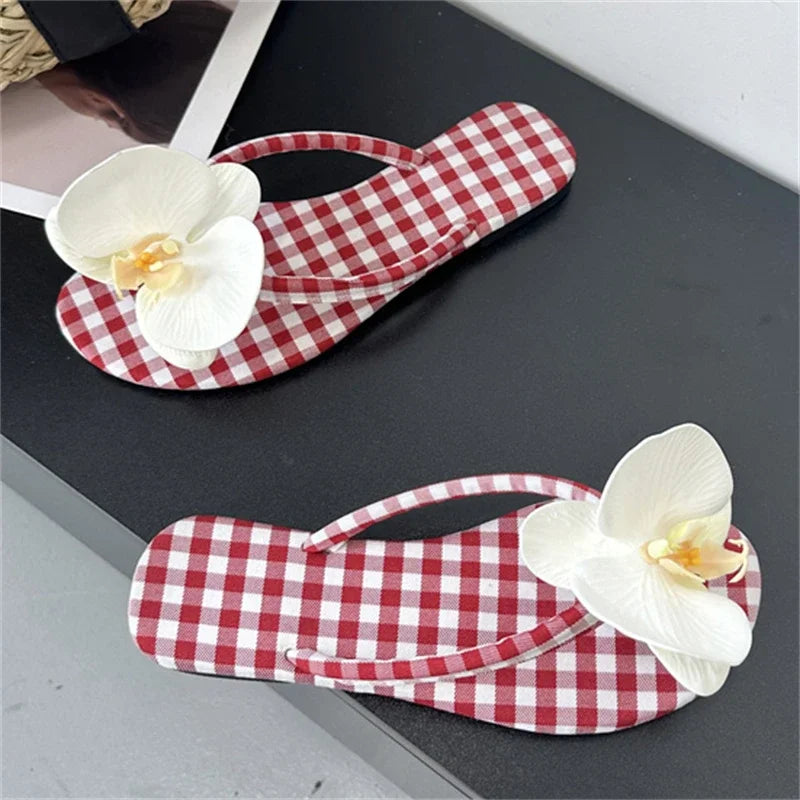 Design Flower Geometric Clip Toe Low Flat Heels Slippers Casual Flip Flops Party Shoes