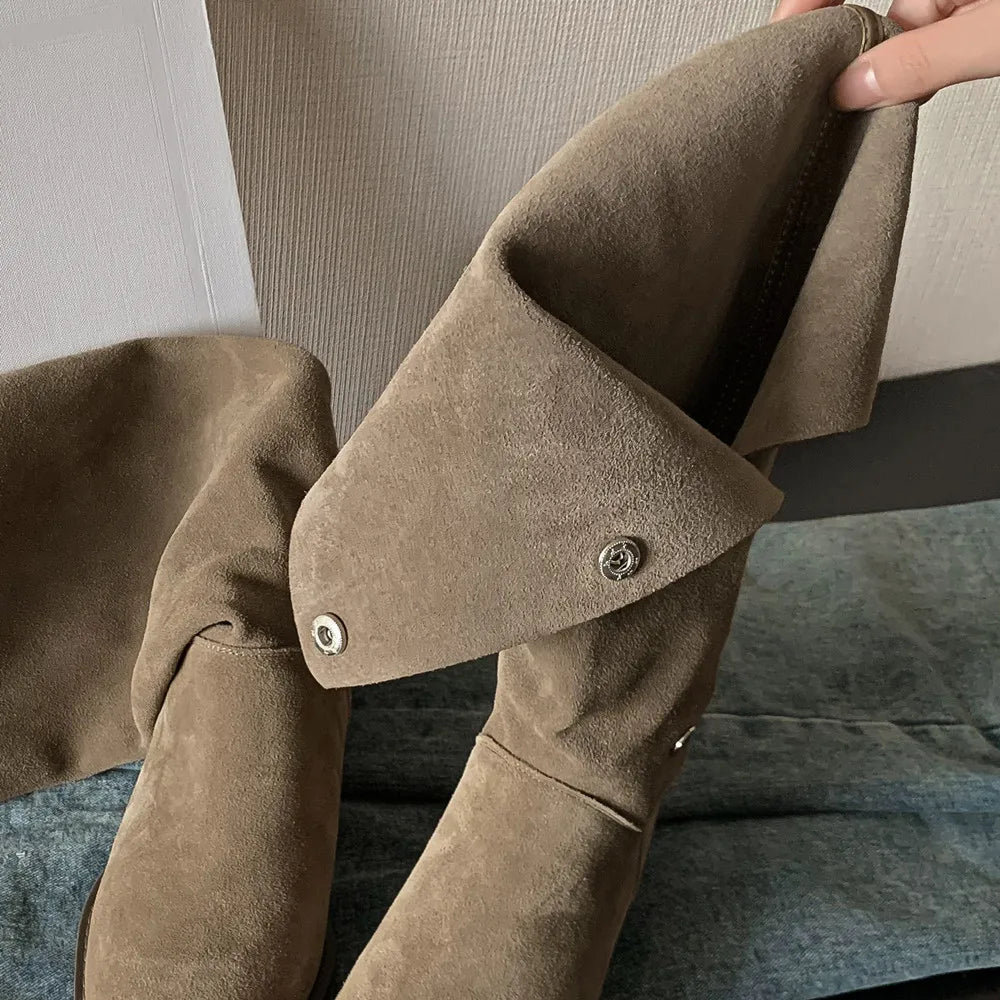 plus size 34-42 natural suede leather metal buckle slip-on flats autmn knee high boots fold casual boots shoes