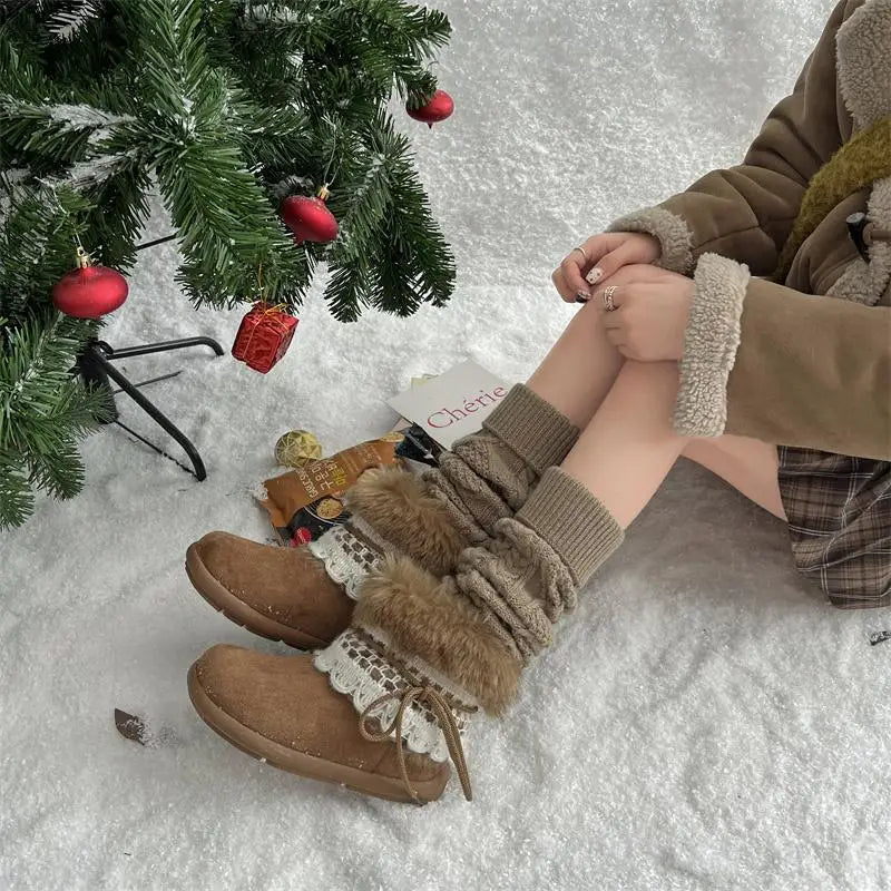 Sweet Lace Decoration Furry Suede Snow Boots Thick Bottom Fluffy Fur Ankle Boots Warm Plush Shoes
