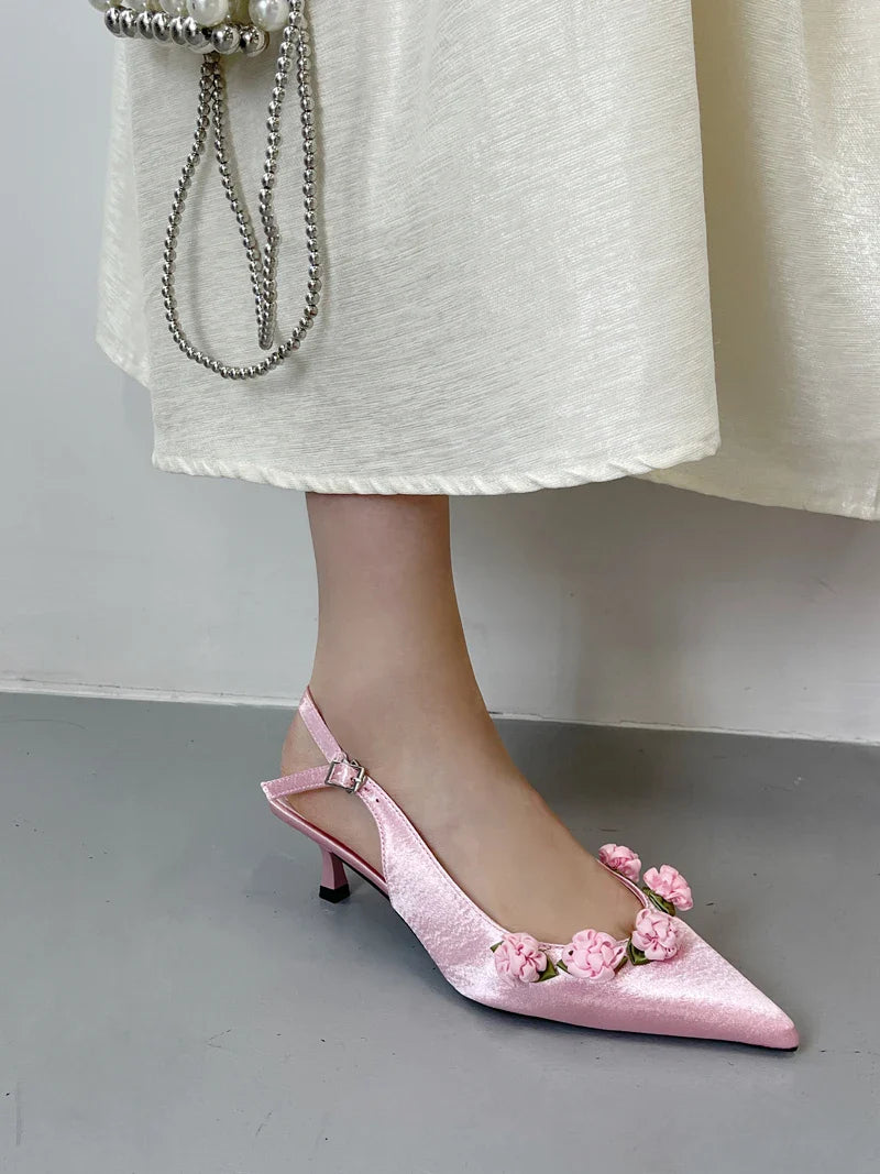 Pink High Heels Pointed Toe Slingback Shoes Small Flower Low Heel Office Shoes Black Pumps White Talons Femme