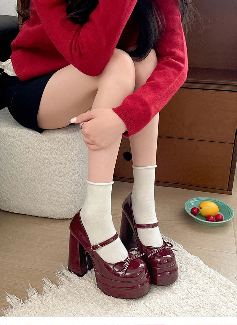 Platform Thick Heel Mary Jane Shoes Butterfly-knot Shoes Outdoor Dress Leather Pumps