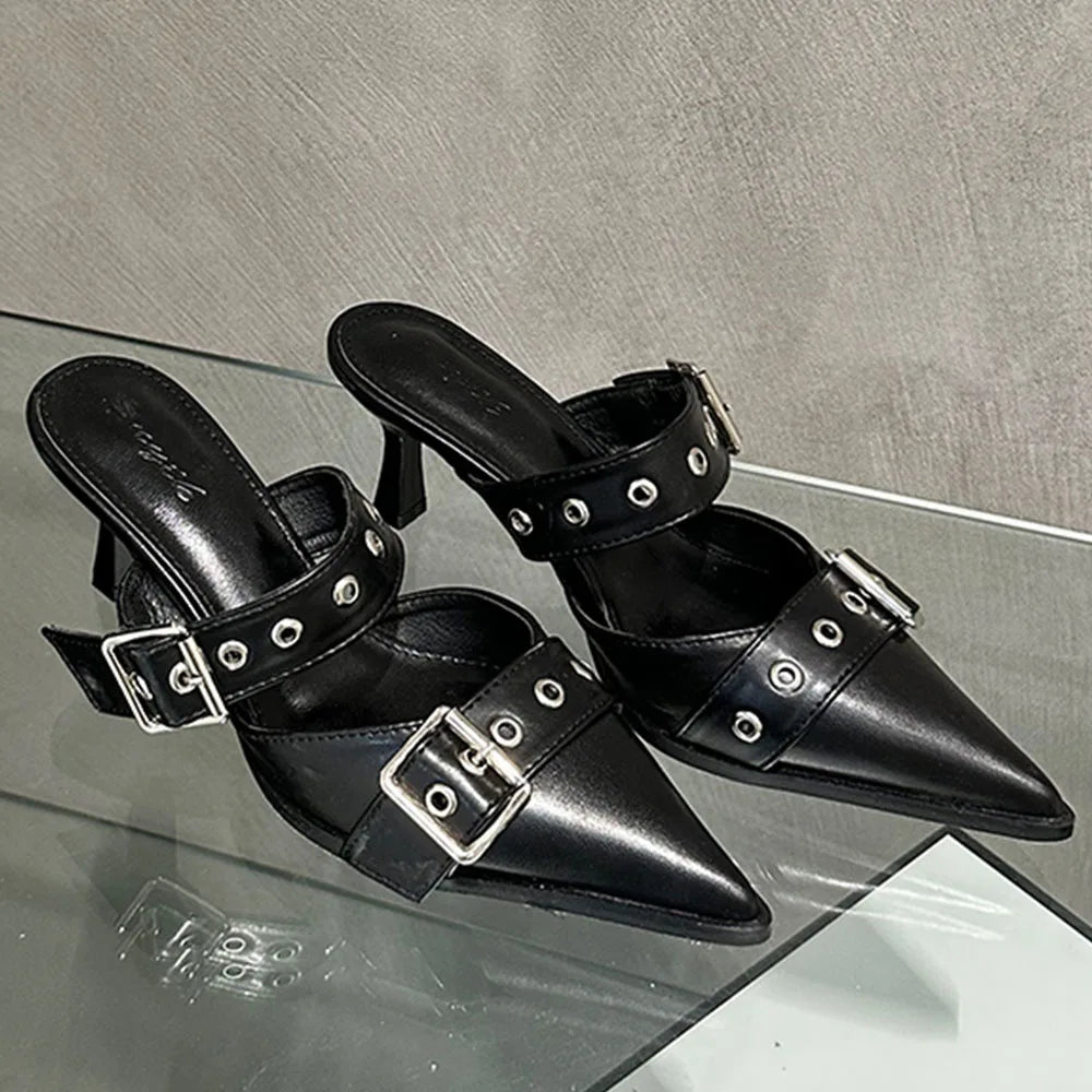 Pumps Belt Buckle Pointed Toe Black High Heel Mule Slides Half Slipper