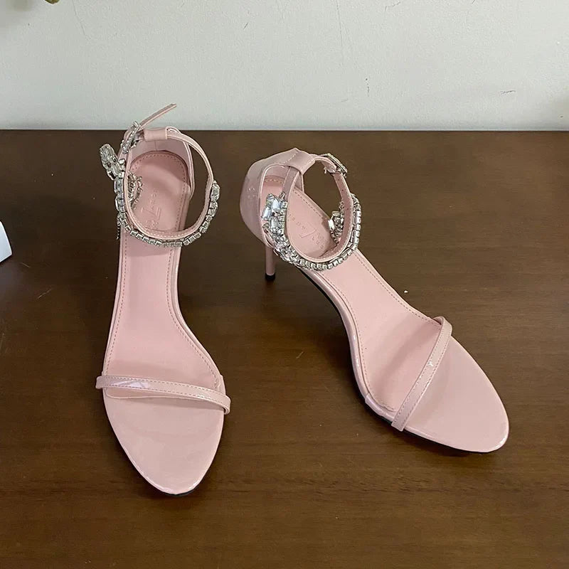 Rhinestones Heels Sandals Shoes Round Toe Ankle Strap Footwear Party High Heels
