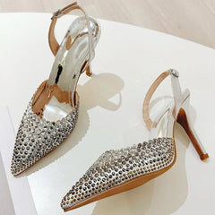 Rhinestones Pointed Toe Thin High Heels Hollow Buckle Brand Sandals Banquet Party Shoes