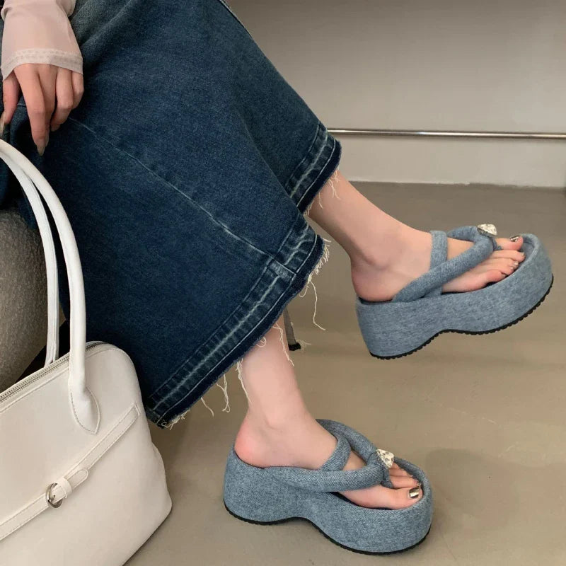 Satin Crystalline Thick-soled Flip Flops Shoes Open Toe Back Strap Casual Party Beach Sandals
