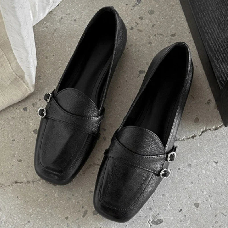 Elegant Burgundy Square Toe Loafers Metal Buckle Stitching Shoes Comfortable Commuting Flat Office Shoes
