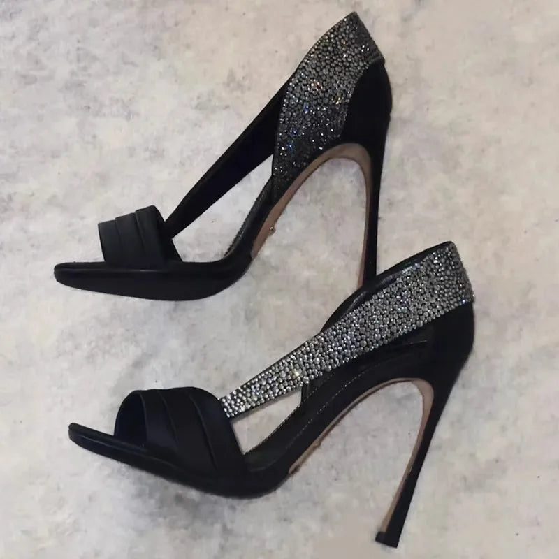 and pointed fish mouth rhinestone lace-trimmed hollow single shoes high-heeled banquet dress sandals
