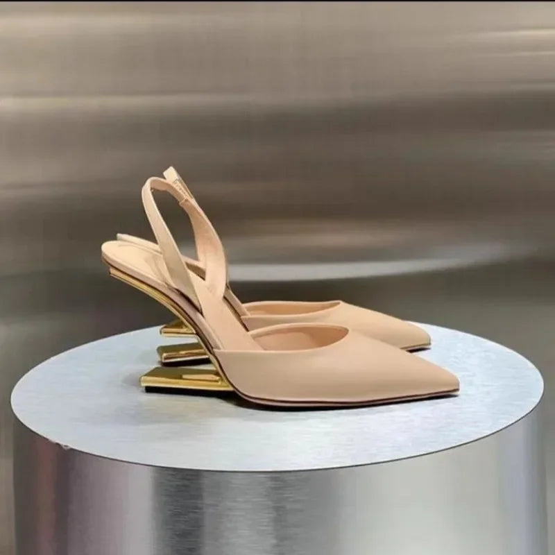 Style High Heels Slingback Metal High Heels Shoes Pointed Toe Party Sandalias De Las Mujeres