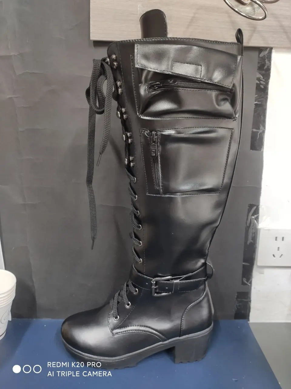 Motorcycle Boots Round Toe Lace-Up Knee High Heels Side Zipper 39 Big Size Goth Punk Free Shipping Shoes