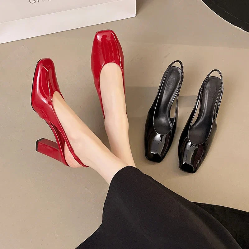 Patent leather high heels square toe open-heeled elegant party large size