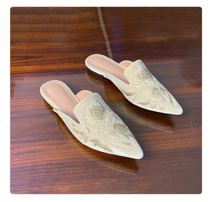 Embroidery Velour Shoes Woman Strange Heel Slippers Design Mules Femme Pointed Toe Wedges Tacones Slides Slip On Pantuflas Mujer