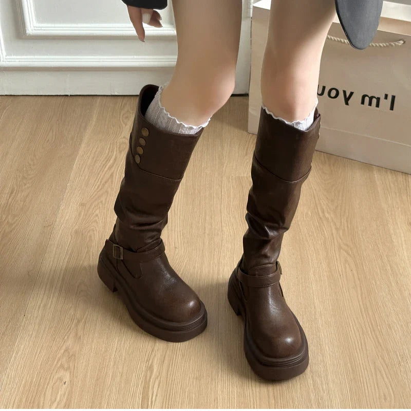 Platform Thick Bottom Woman Knee High Boots Shoes Elegant Belt Buckle Knight Booties