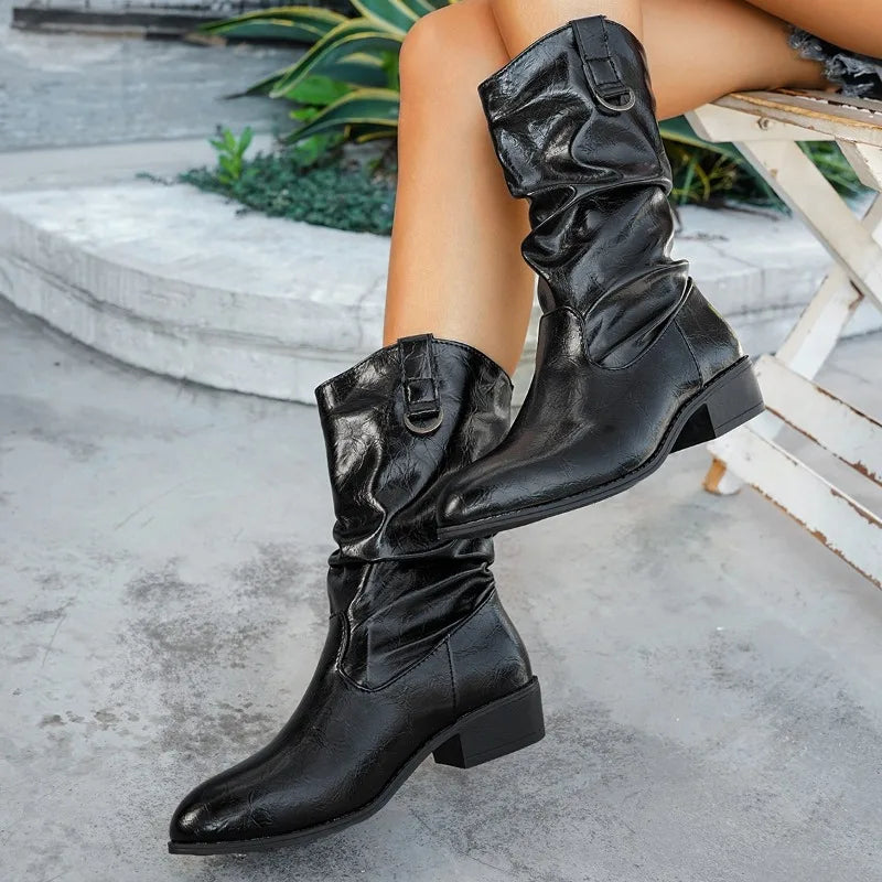 Pointed-toe Chelsea Boots Ankle Goth Shoes Woman Mid Heels Chunky Motorcycle Zapatillas Mujer