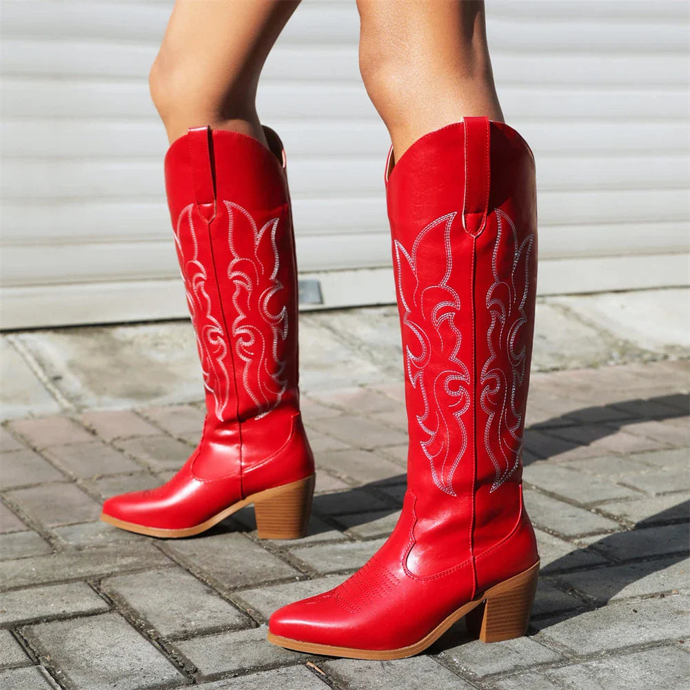 Western Cowboy Knee High Boots Pointed Toe Thick High Heeled Embroider Red Long Booties Trendy Shoes Woman