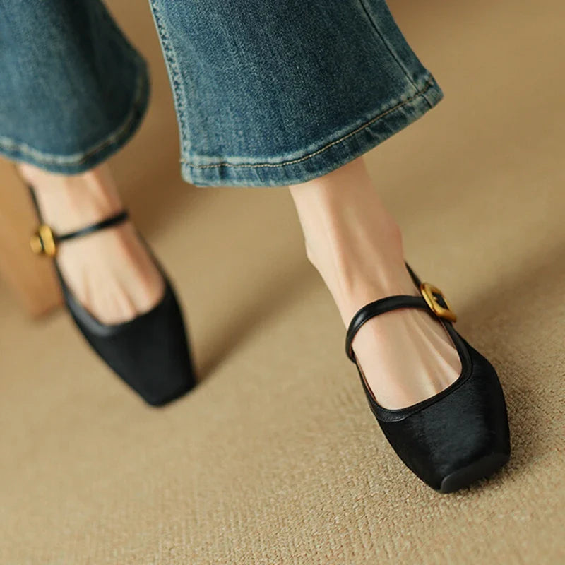 Toe Chunky Heel Shoes Horsehair Leopard Shoes