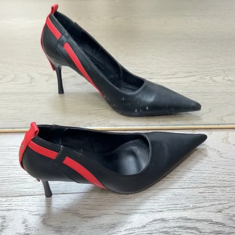 Pointed Toe Stiletto Rivet Decoration Shoes Black and Red Rome Shoes Slip-on Hand-made