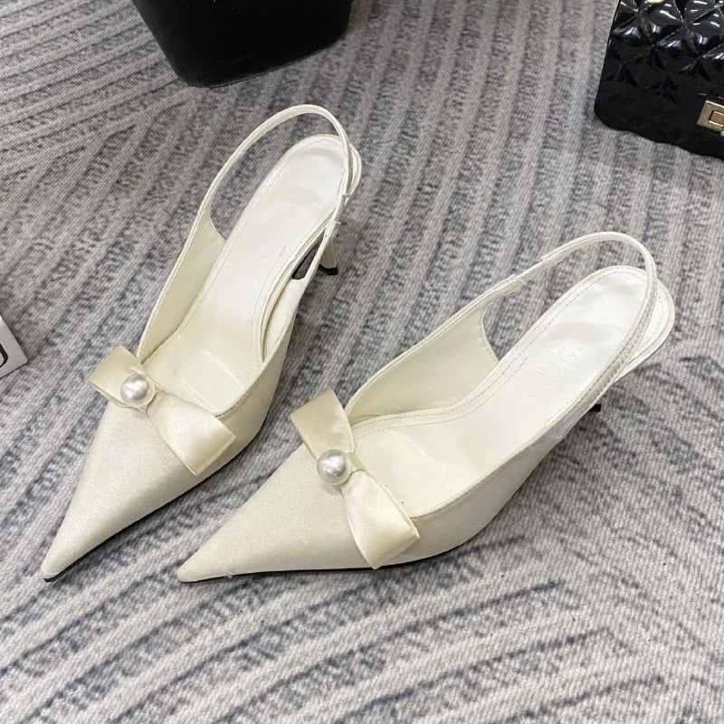 High Quality Satin Bow Pumps Pointed Toe Thin Heeled Backless Brand Shallow Mouth Sandal