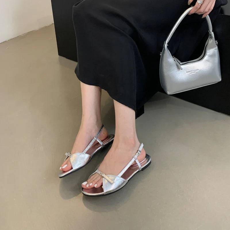 Silver Sandals Flats Brown Belt Buckle Shoes Flats Sandal Comforts Sandalias De Mujer