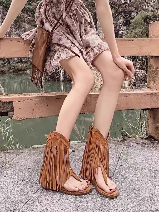 Fringe Ankle Cool Boots Sandals Flats Clip Toe Shoes Brand Casual Woman Zapatillas
