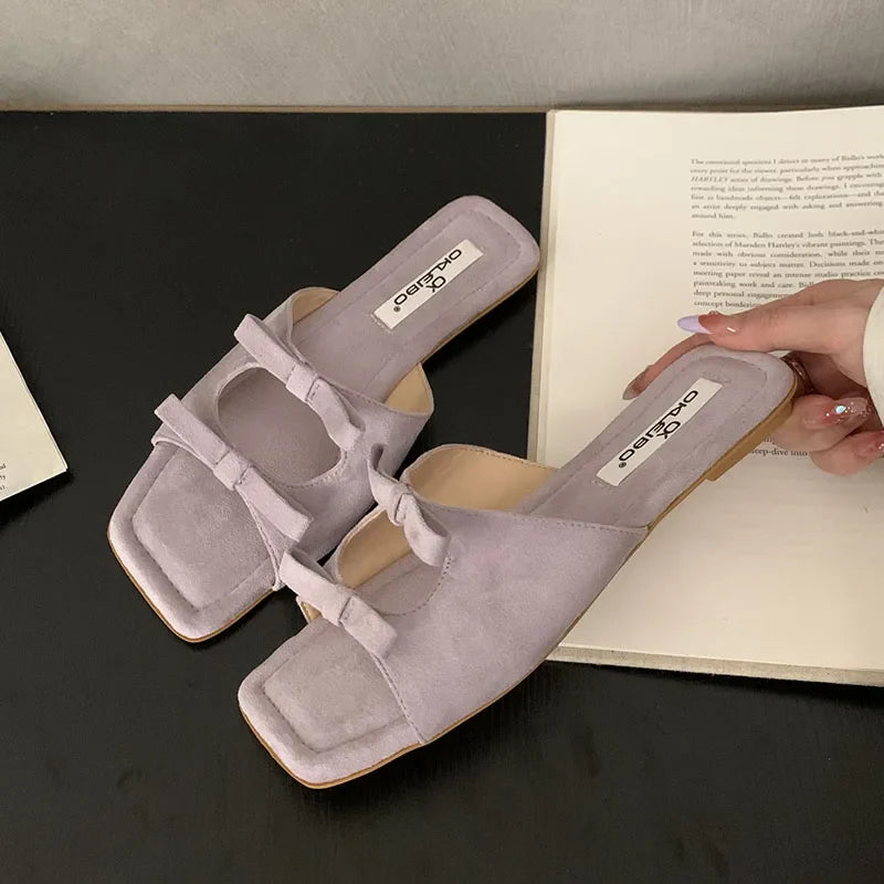 Butterfly-Knot Flats Slippers Shoes Square Toe Beach Slides Sandals Shoes