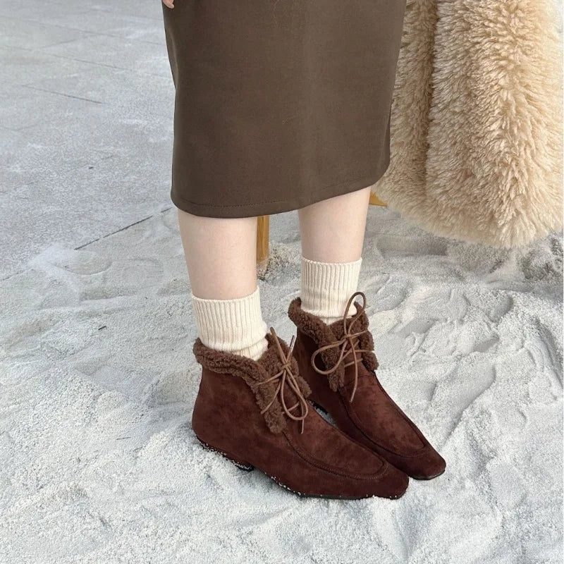 Lace Up Short Fluffy Warm Ankle Boots Comfort Square Toe Chunky Suede Short Boots Low Heels Party Shoes