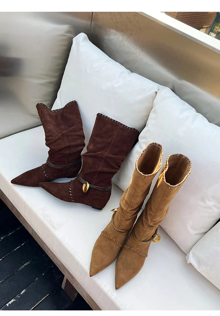Mid Calf Boots Pointed Toe Flats Shoes Chelsea Boots Casual Walking Suede Zapatos Goth Mujer Botas