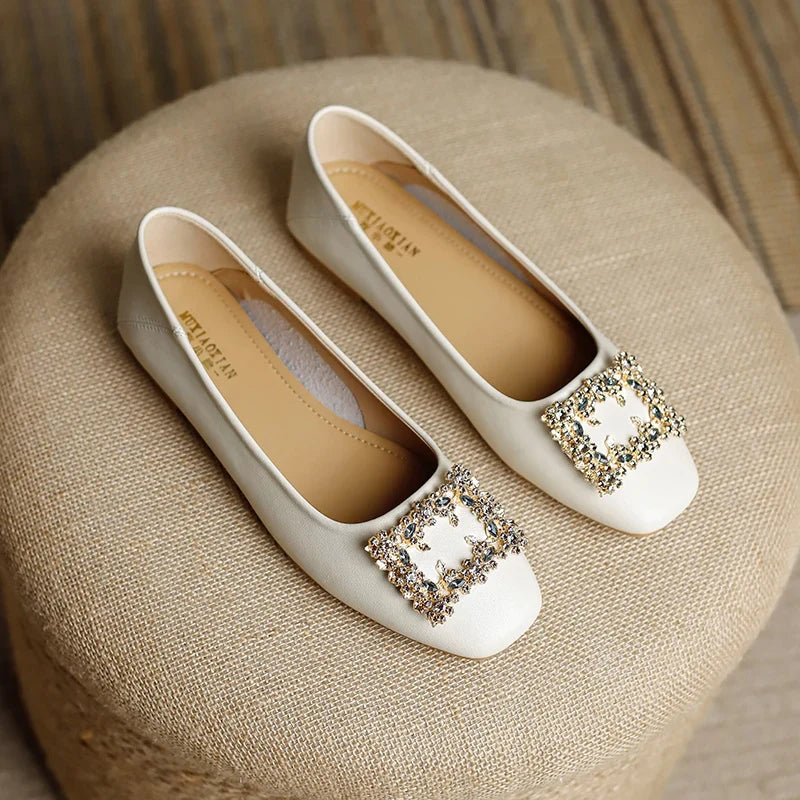Rhinestone Lace square buckle Square Closed Toe Slip On Flat Shoes Solid