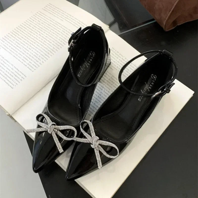 Rhinestone Bow Decorated High Heels Black Slingback Buckle Design Covered Heel Pointed Toe Mary Jane Shoes