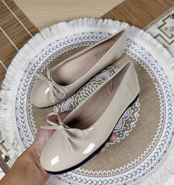 Round Toe Ballet Flats Spongy Bottom Hot Italian Shoes Patent Leather Classic Bow-Knot Dressing Slip-On 34 48 47