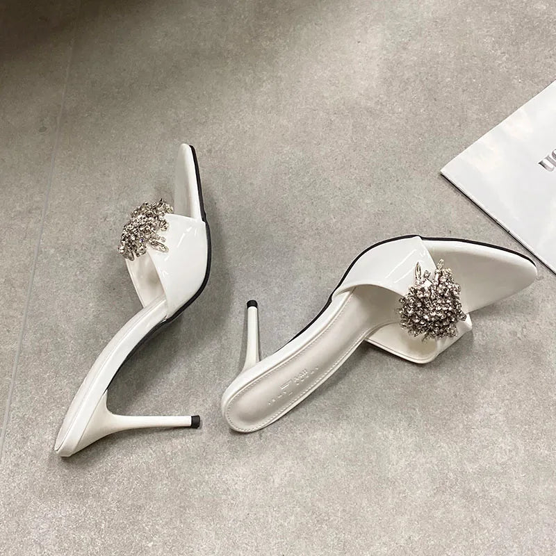 Rhinestones Super High Heels Pumps Shoes Slides Round Toe Party Thin Heels Shoes