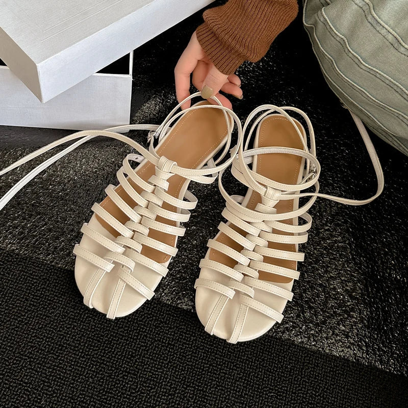Design Rome Style Low Heels Narrow Band Casual Party Shoes Woman Genuine Leather Quality