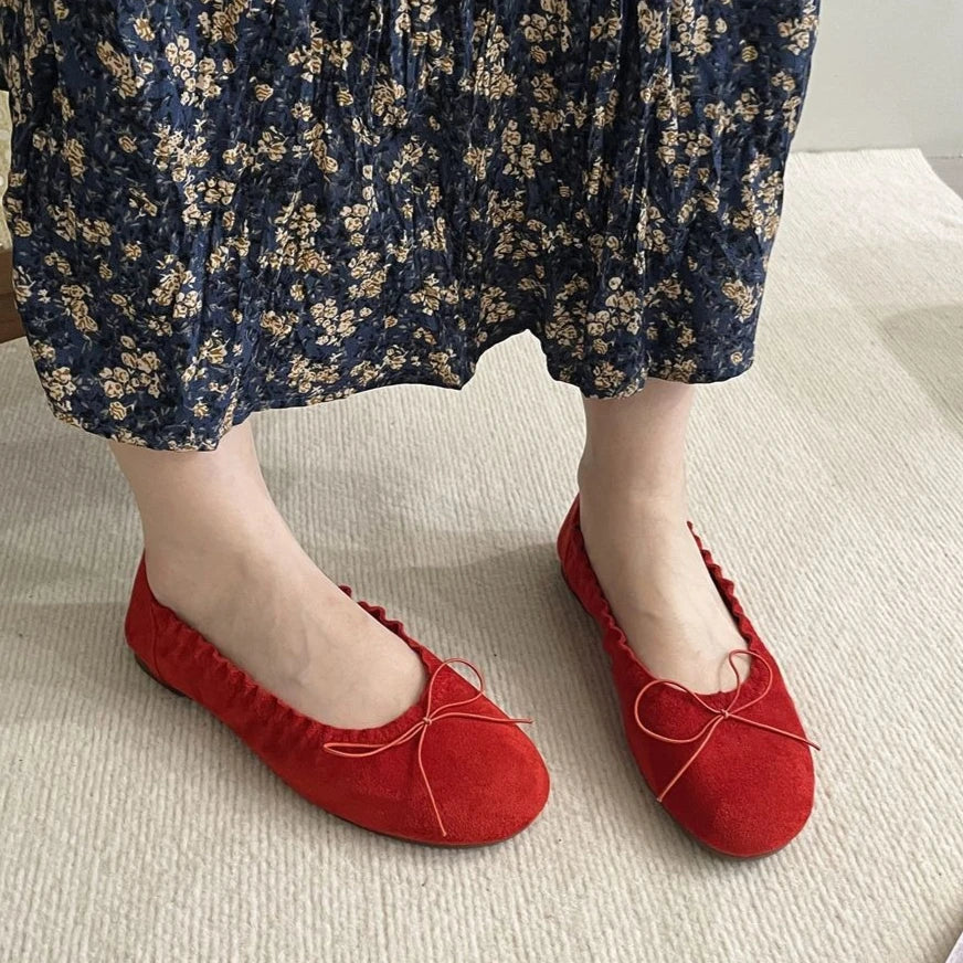 Suede Retro Bowknot Round Toe Flat Shoes Soft Sole Comfort