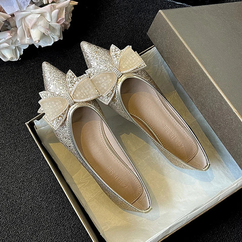 Gold/Silver Bowknot Flats Sparkle Crystal Shoes Elegant Lace Bow Pointed Toe Ballets Moccasins