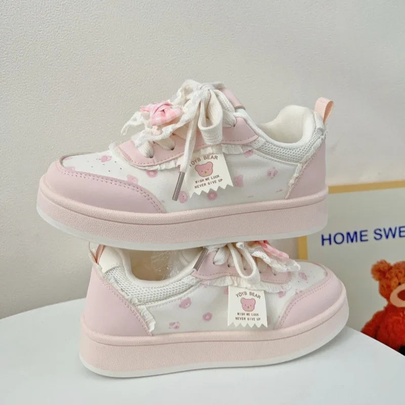 Students Sneakers Cute Causal Shoes School Patchwork Non-slip Sports Shoes with Bowknot