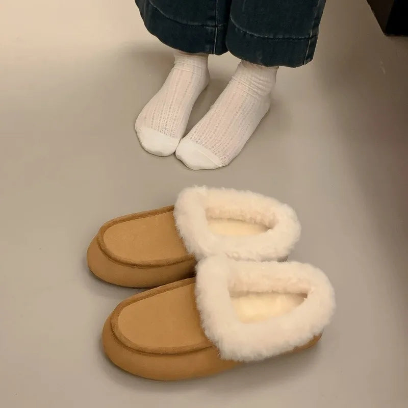 Vintage Fleece Lined Flats Shoes Concise Shallow Slip On Shoes Elegant Keep Warm Snow Shoes
