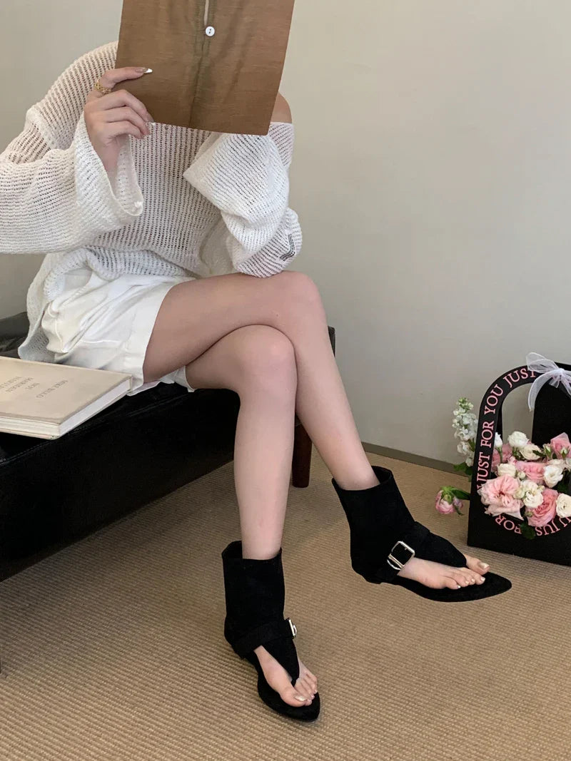 White Sandals Woman Thong Low Heels Ankle Boots Shoes Punk Black Sandals Brown Flip Flops Sandales Femmes 2025