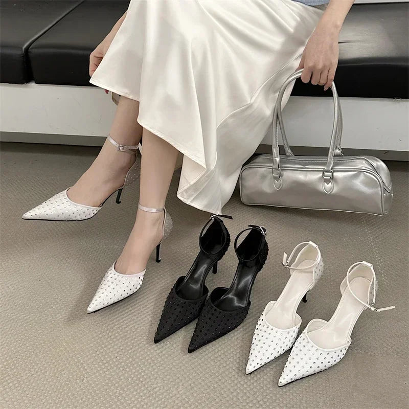 Rhinestone Pointed Toe Thin High Heels Elegant Ankle Strap Buckle Heeled Sandals Banquet