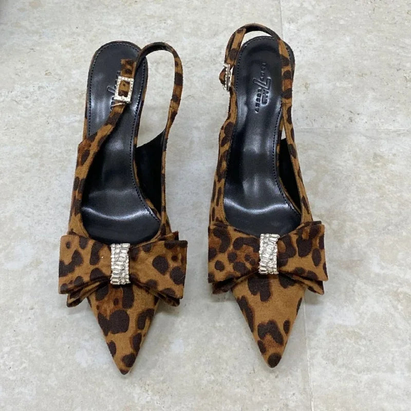 Leopard Thin High Heels Butterfly-knot Office Shoes Pointed Toe Sandals Sandalias De Mujer
