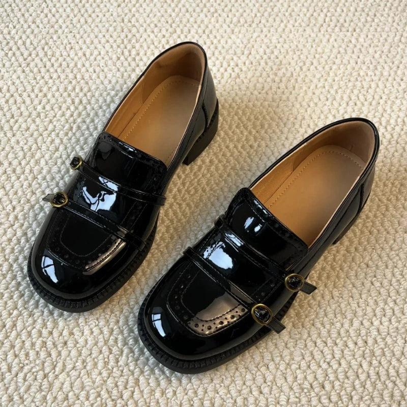 High Quality Patent Leather Loafers Double Narrow Band Buckle Shoes Retro British Style Zapatos De Mujer