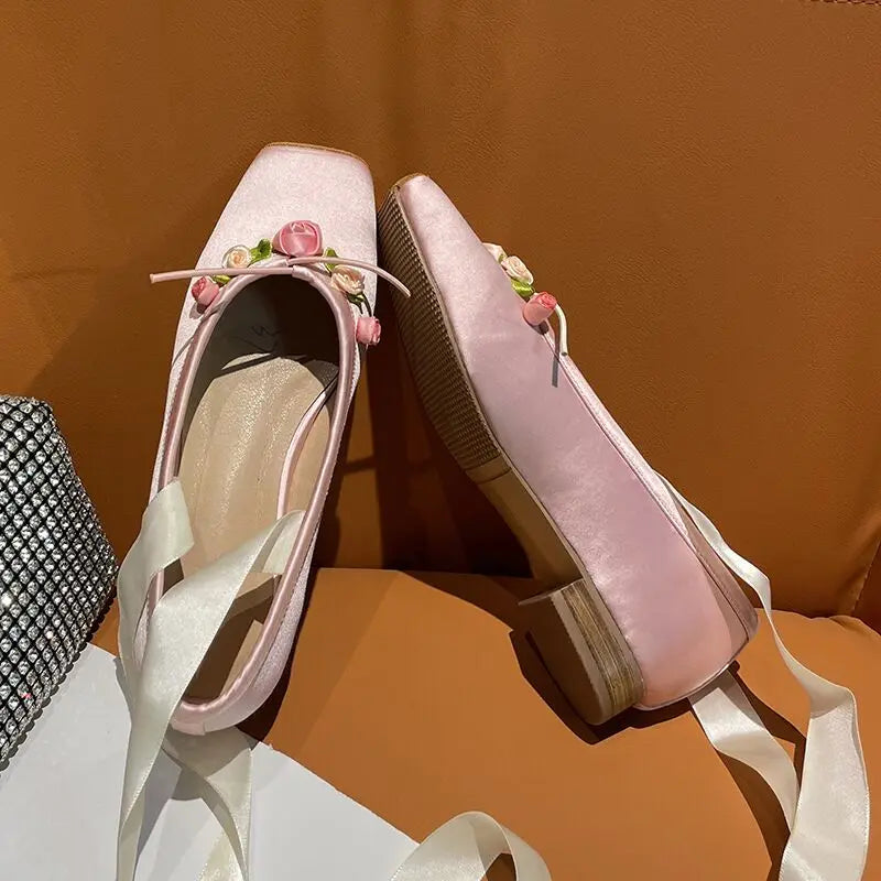 Square toe silk pink ballet shoes flower lace up chunky heel