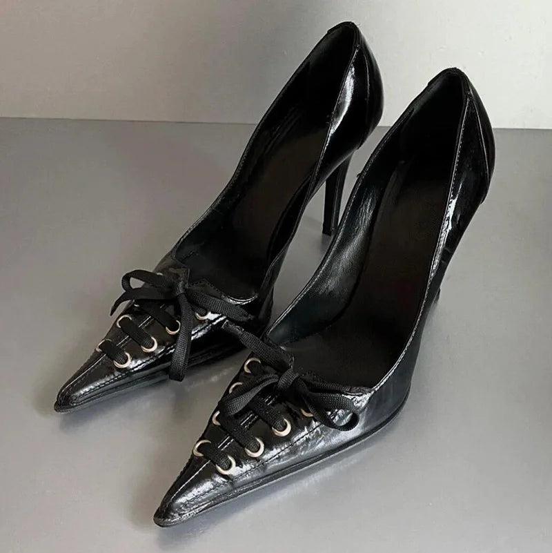 Leopard Print High Heels Pointed Toe Pumps Lace Up Elegant Sandal Rhinestone Party