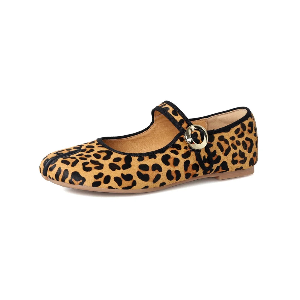 Mary Jane Genuine Leather Shoes Hand Stitch Casual Streetwear Ballet Flats Leopard Red Cute Shoes Loafers