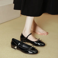 Hook&Loop Flats Mary Janes Round Toe Bowtie Ballets Shoes Red Japanned Leather Loafers Daily Office Mocassines