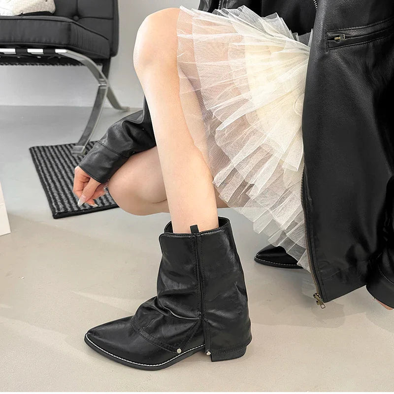 Western Cowboy Boots Vintage Pointed Toe Shoes Thick Heel Short Botas Zapatos De Mujer