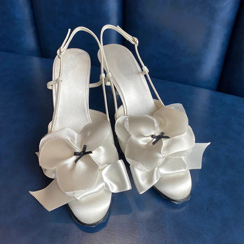 White Flower Sandals Round Toe Black Bow Detail Hollow Slingback Buckle Stiletto Heels Party Dress