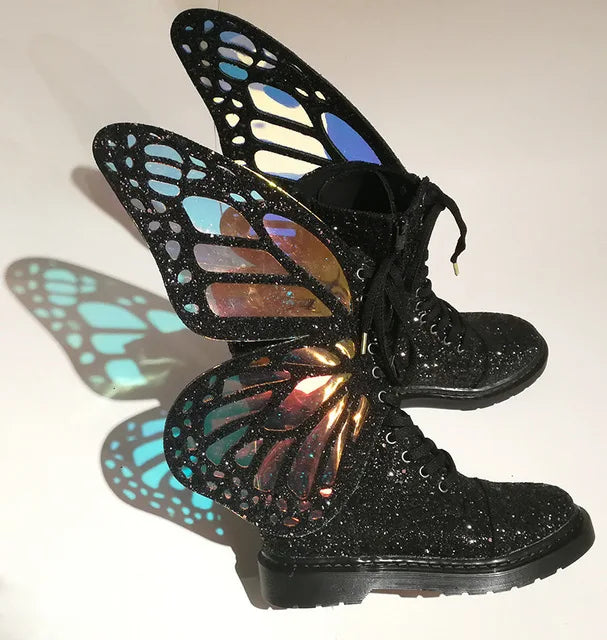 Shine Silver Real Leather Flat Sneakers Butterfly Wings Shoes Lace Up Ankle Boots High-top Leisure Platform Shoes