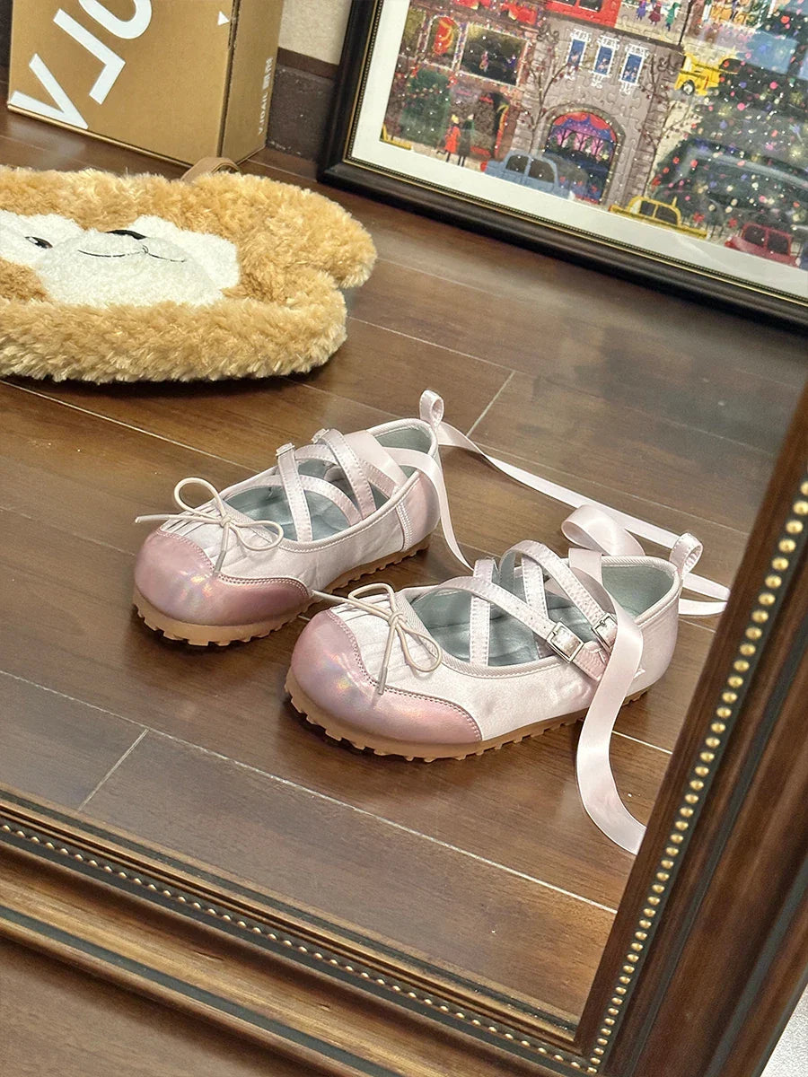 Ballet Flats Round Toe Lace Up Black Pink White Bow Shoes Sandals Ballerinas Mary Jane Shoes