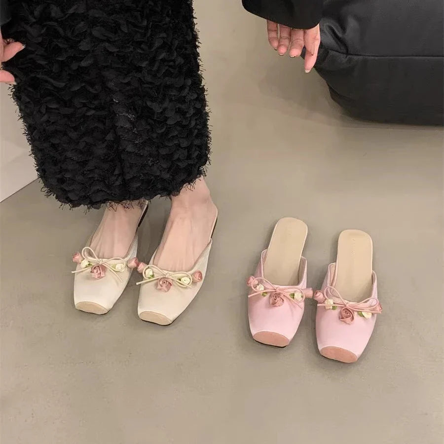 Satin Flower Slippers Non-slip Casual Slide Comfy Light Ethnic Style Sandals Flat Floral Mule Shoes