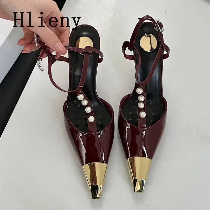 Metal Pointed Toe Stiletto Sandal Pearls Strap Buckle High Heels Party Prom Shoes