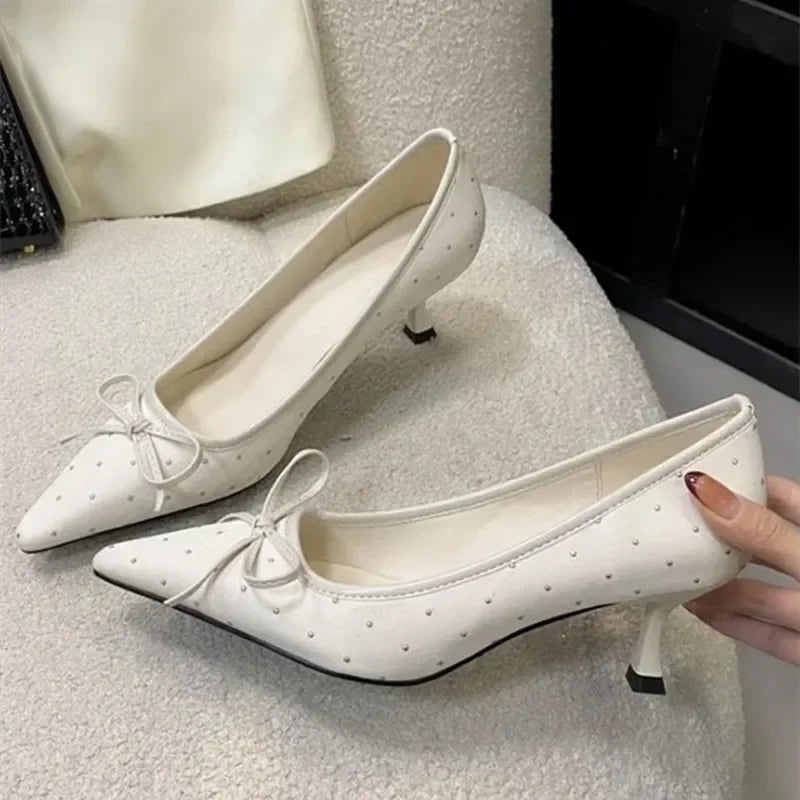 Rhinestone Bow Decoration Pointed Toe Satin Thin High Heels Elegant Banquet Shoes Mules Loafers